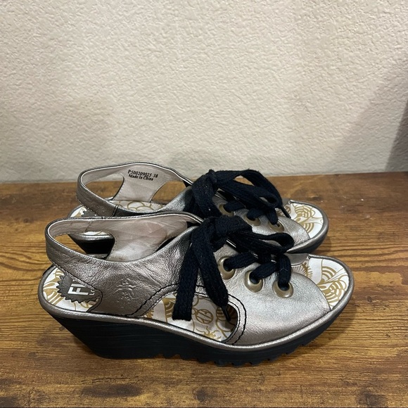 Fly London Ylva Wedge Lace-Up Mettalic Leather Sandal Shoe 38 7-7.5 Boho Grunge - Picture 3 of 11